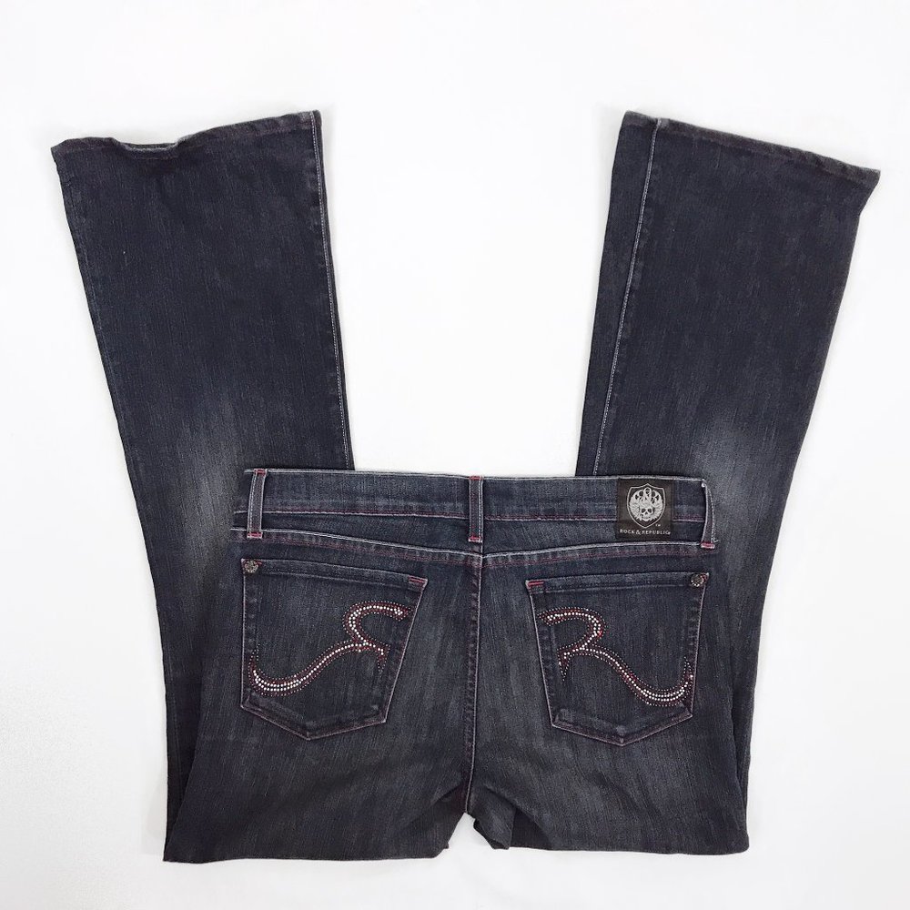 Rock and Republic Jeans Low Rise Flare Leg Y2K Indigao Bling Pockets READ